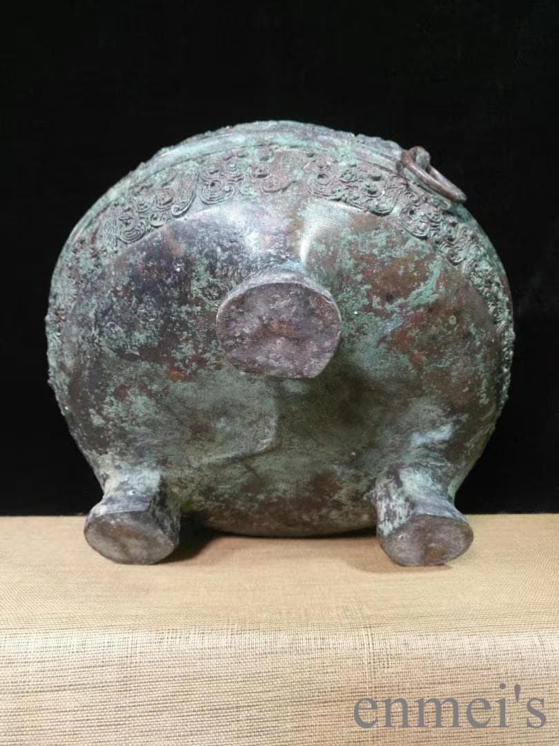 中国古美術 春秋 青銅器 三鹿蟠螭紋 円敦 禮器 食器 耳付造形 古美術 供饌器