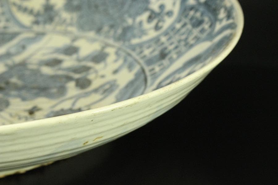 中国美術 青花 呉須 古染付 帆船図 大皿 φ47cm 明 貿易船(LC647)