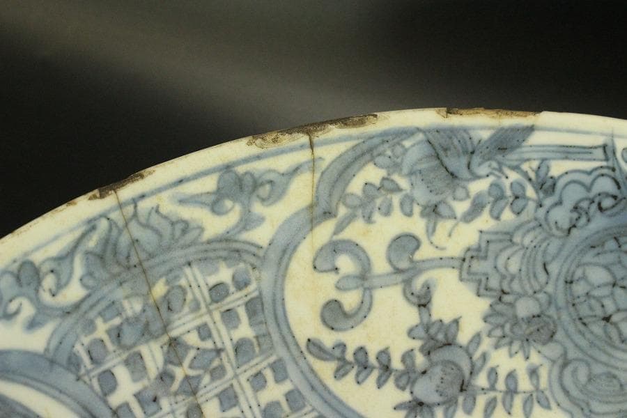 中国美術 青花 呉須 古染付 帆船図 大皿 φ47cm 明 貿易船(LC647)