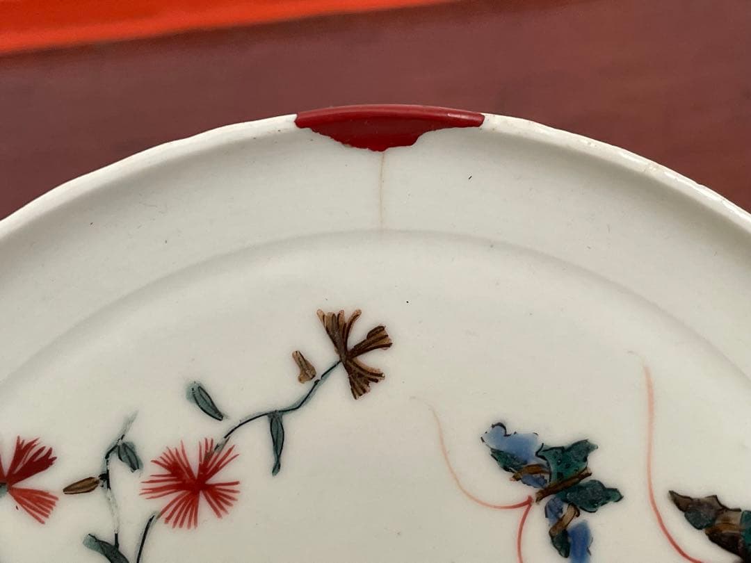 2 骨董 アンティーク 色絵古九谷 撫子蝶々図 丸皿 五寸皿 角福