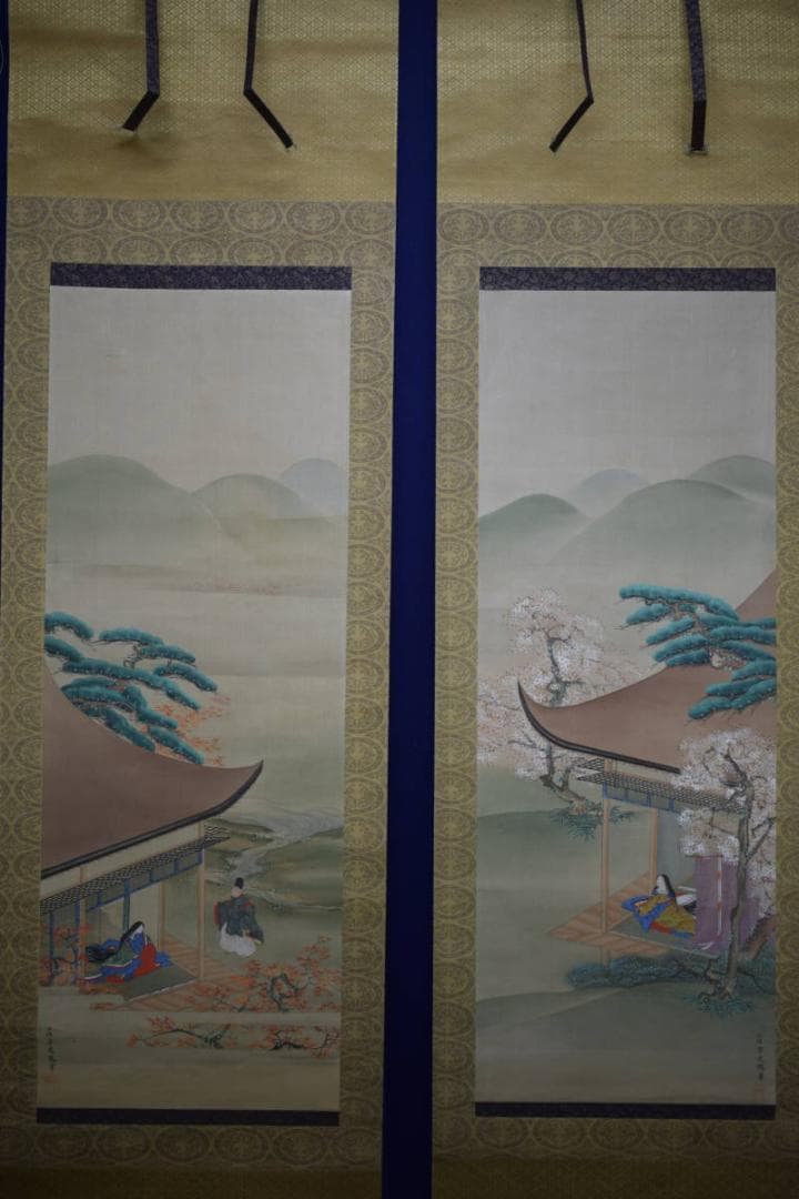 土佐光起/大和絵/人物図/桜花/紅葉/双幅/杉塗箱付/布袋屋掛軸HJ-474