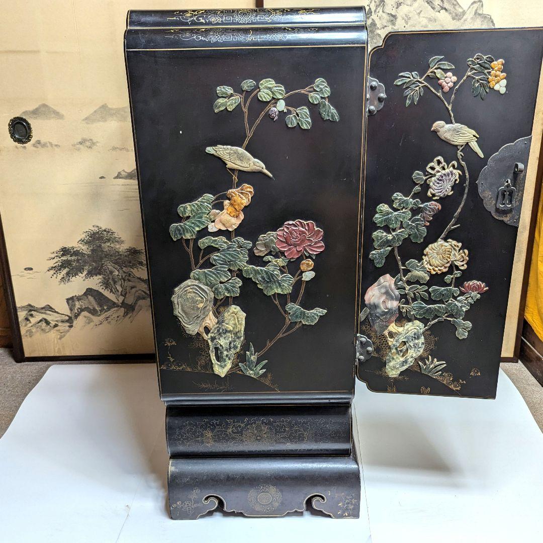 美術品 中国玉石木製 箪笥 花鳥模様 骨董品アンティークレトロ