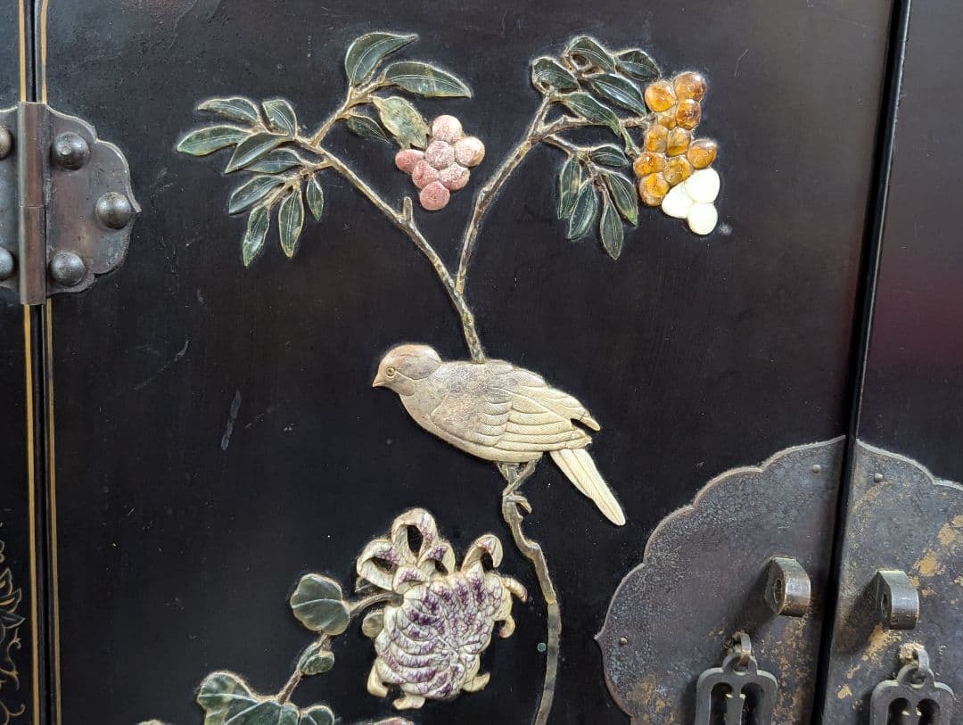 美術品 中国玉石木製 箪笥 花鳥模様 骨董品アンティークレトロ