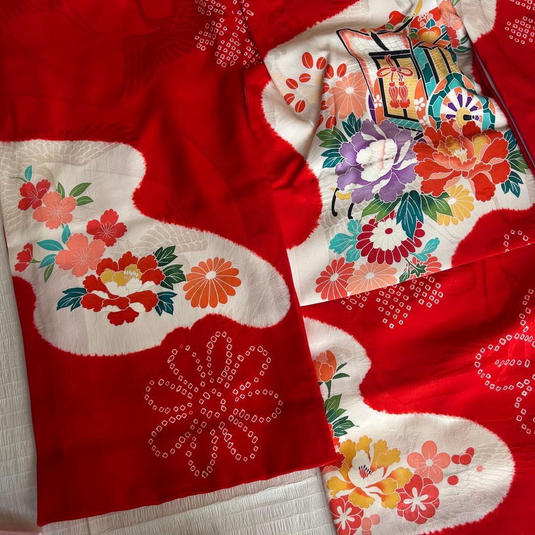 七五三 3歳 総絞り 被布 着物 絹 三歳 赤 草履 753 バッグ 花 レトロ