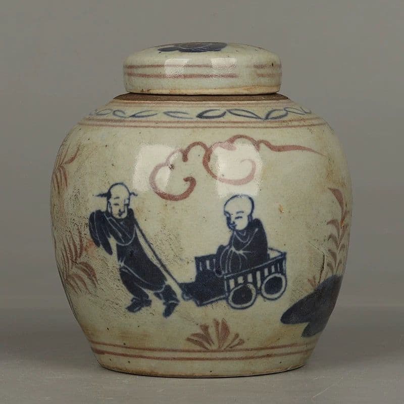 青花人物紋缶 陶磁器 現代工芸品 美術品 装飾品 置物 青花人物紋