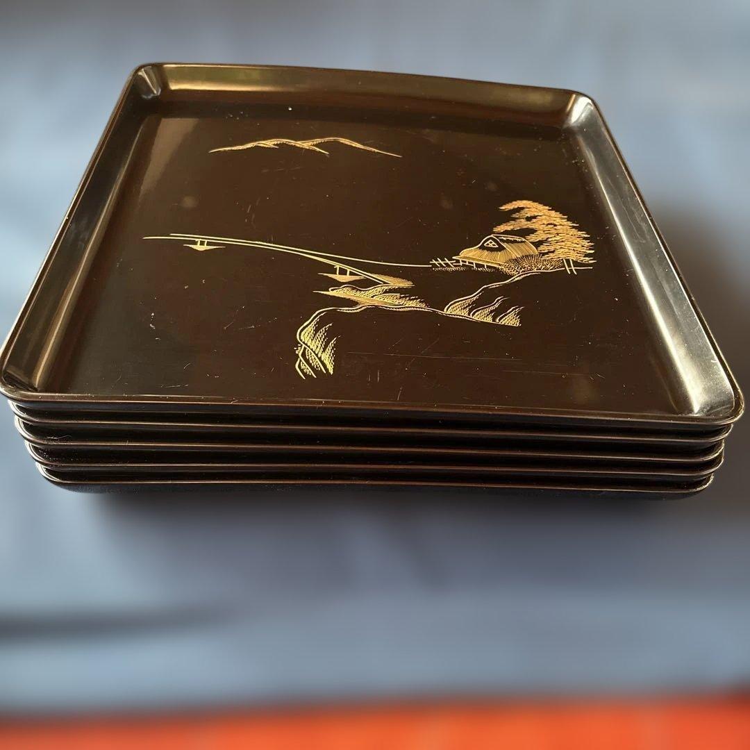 輪島塗　漆器 膳 5枚セット 黒と金の風景　蒔絵　沈金