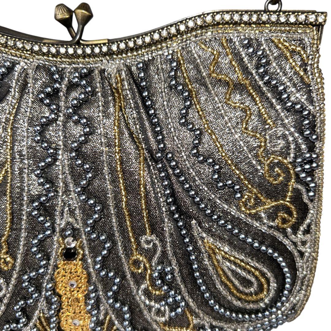 ビーズバッグ パーティバッグ がま口 チェーン ゴールド×ブラック 和装バッグ