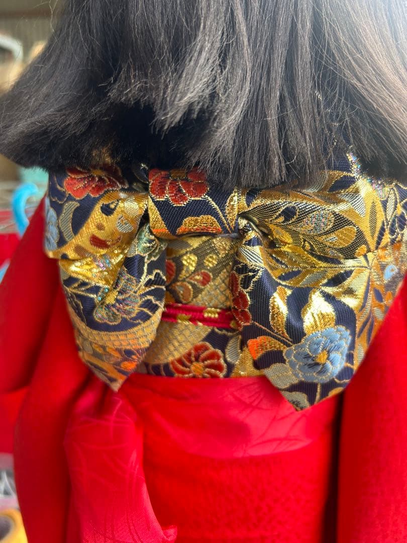 市松人形 明治後期 市印 朱印 三つ折れ 単色黒目 ガラス目 縮緬 着物