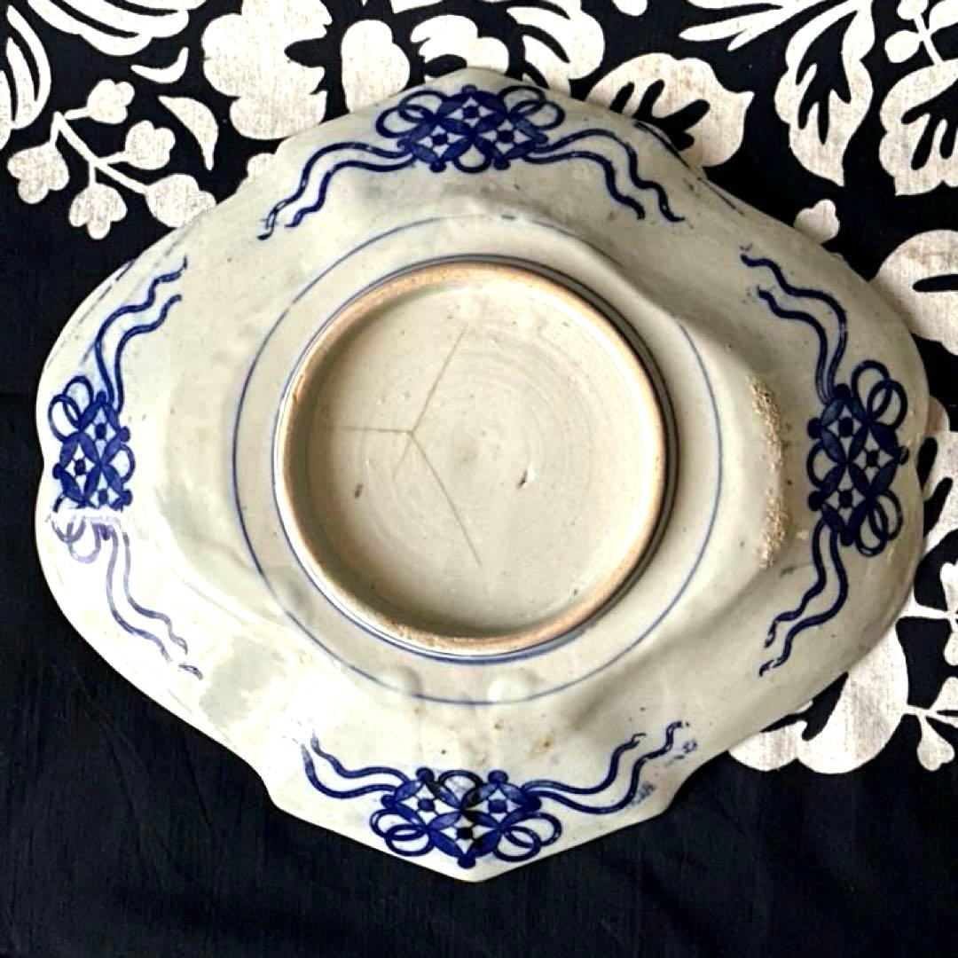 骨董　明治印判皿　鶴亀吉祥図菱皿　変形皿