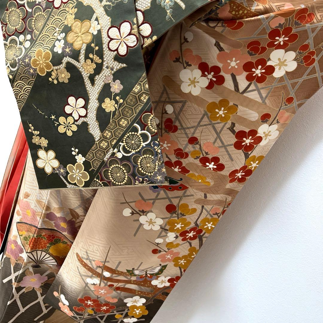 370 振袖フルセット 正絹 ベージュ 茶 金彩 駒刺繍 暈し染め アース