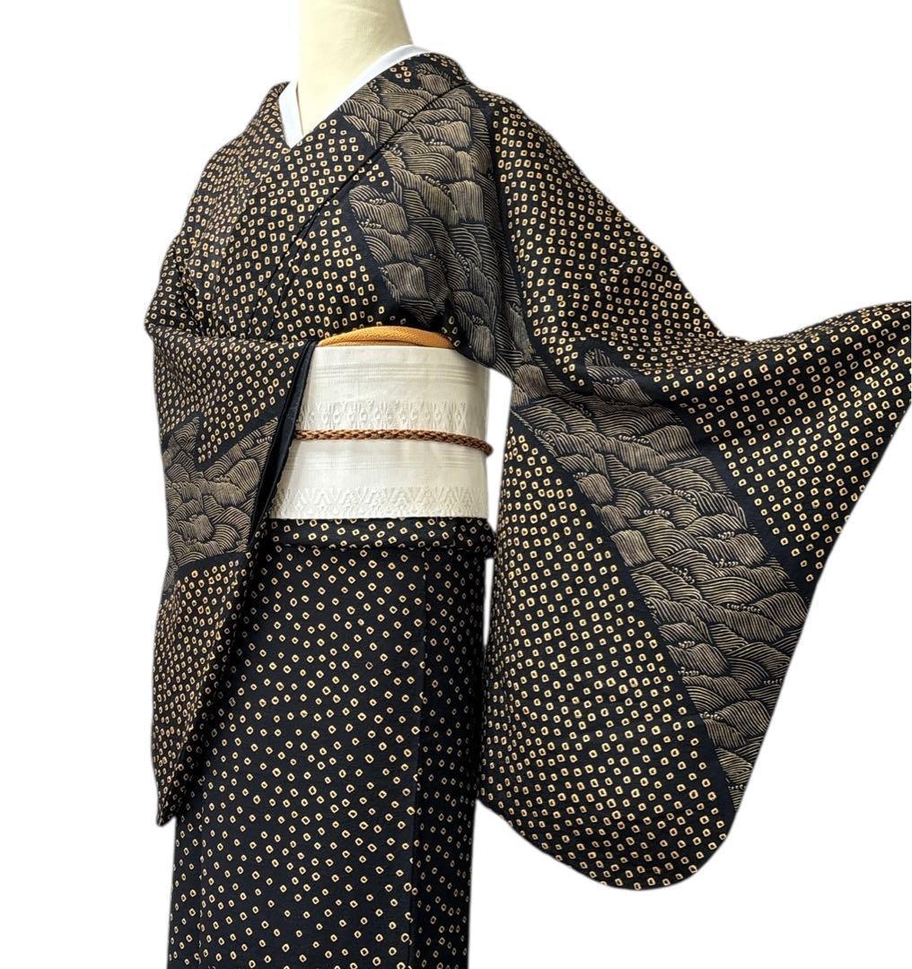 A147愛華 訪問着総絞り　正絹　波　花　身丈165cm