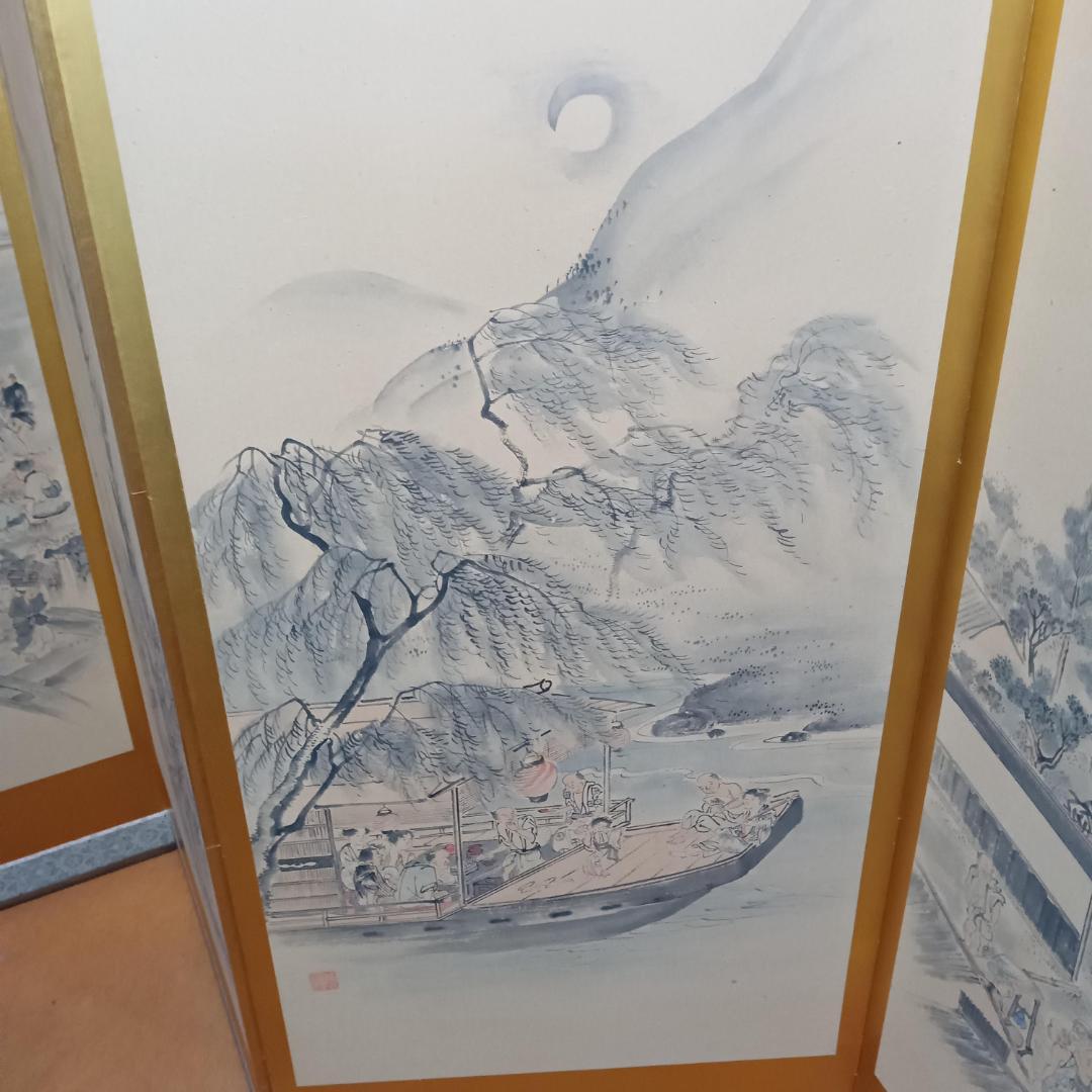 江戸時代風俗図 水墨画＆金屏風セット(175x60cm)X六曲X3枚