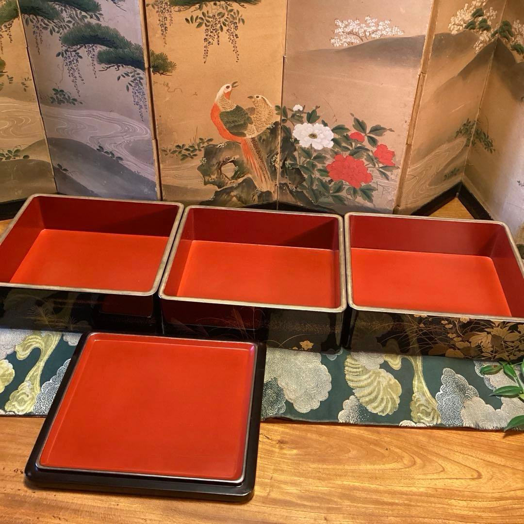 A1027 木製輪島塗　３段重箱　　「久世宗春」　草花蒔絵