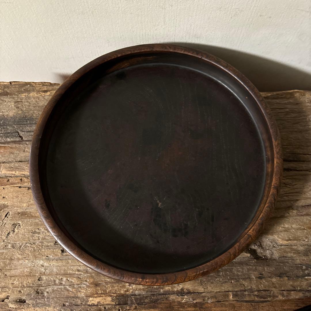 古い木地盆⑨ 丸盆　古民芸　アンティーク　くり抜き盆　酒器　煎茶　骨董　検:李朝