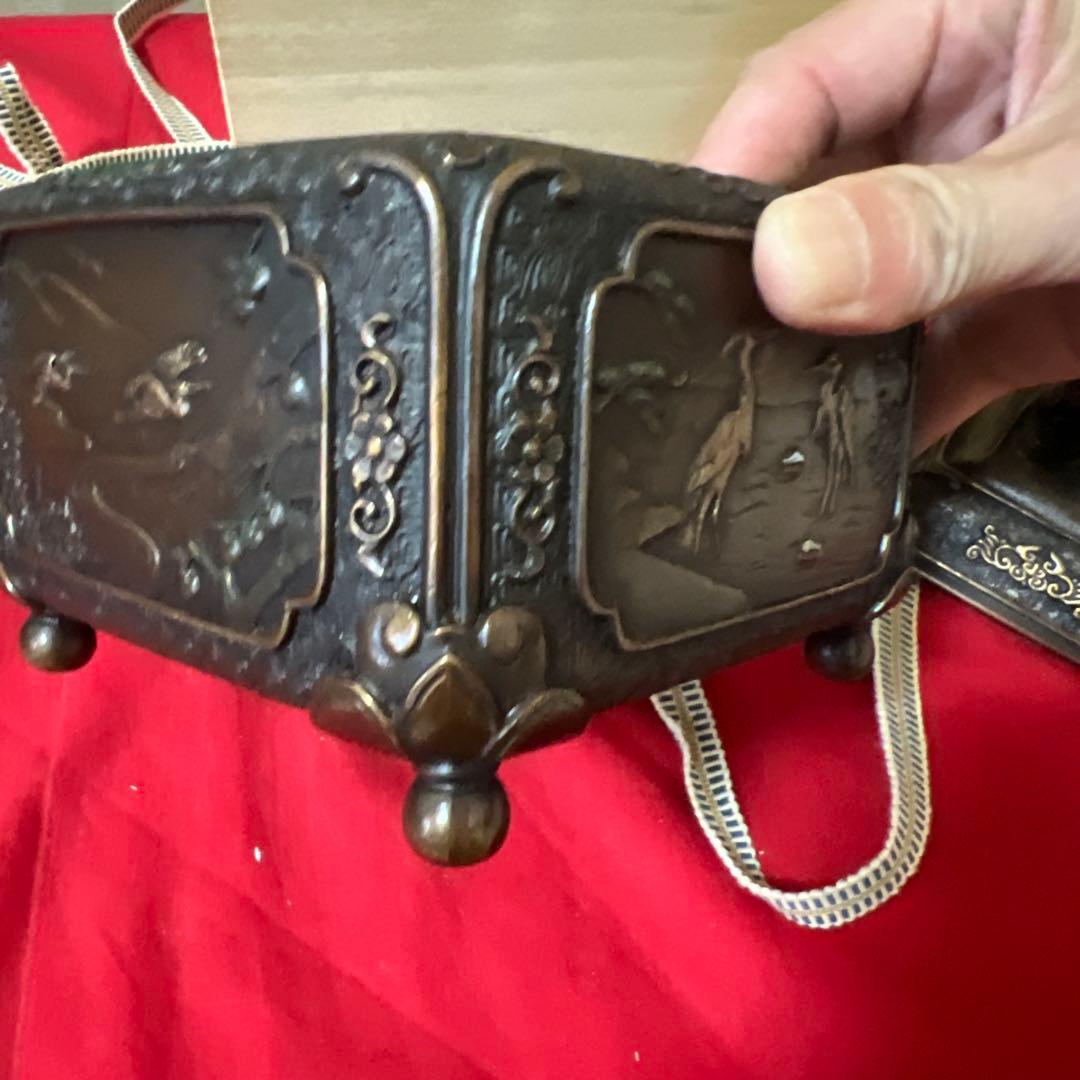 未使用品　蝋型鋳銅香炉 共箱 銅製 鷺花鳥文 供箱