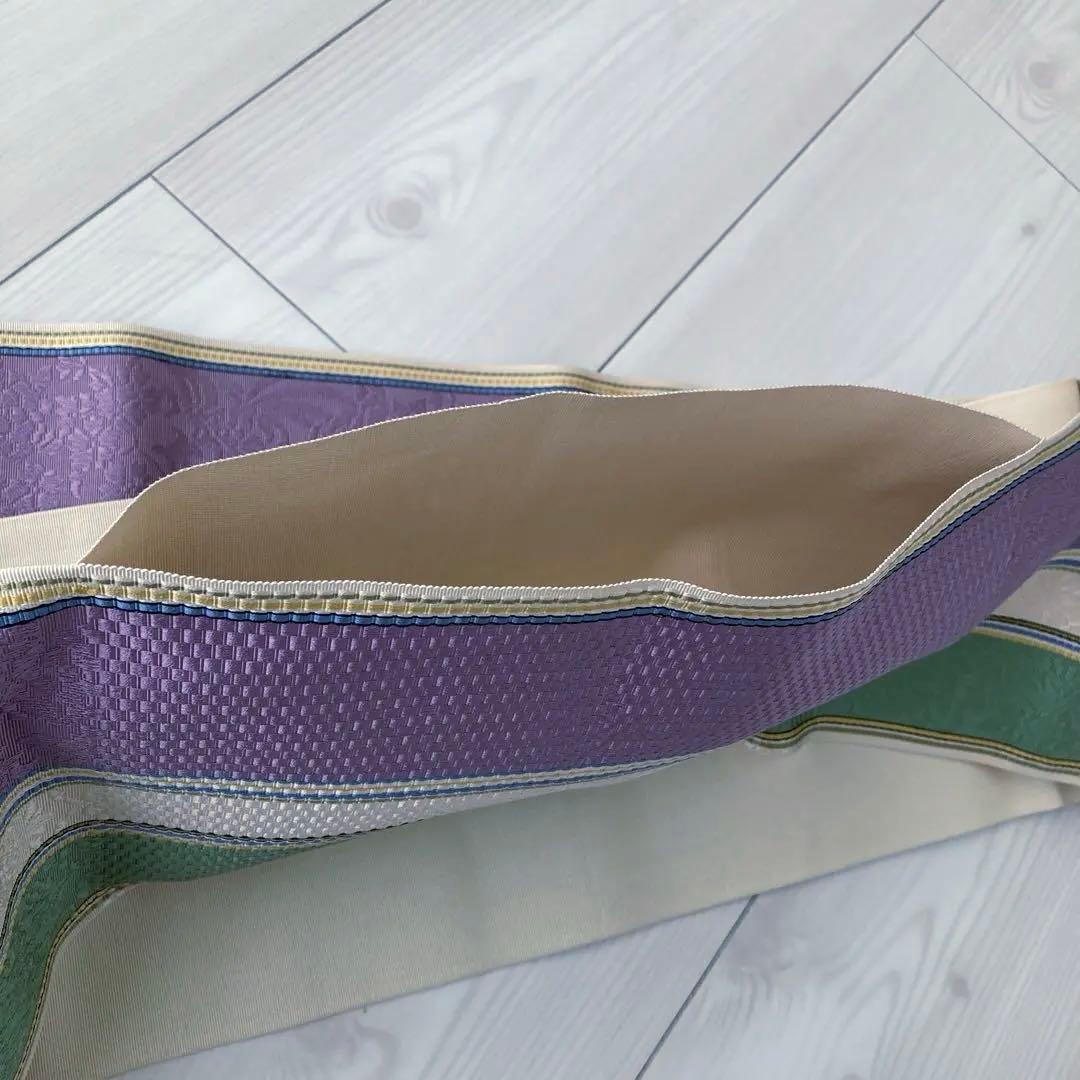 本場筑前博多織　半幅帯　織り出し　花唐草模様　縞模様　正絹　ポケット付No.45