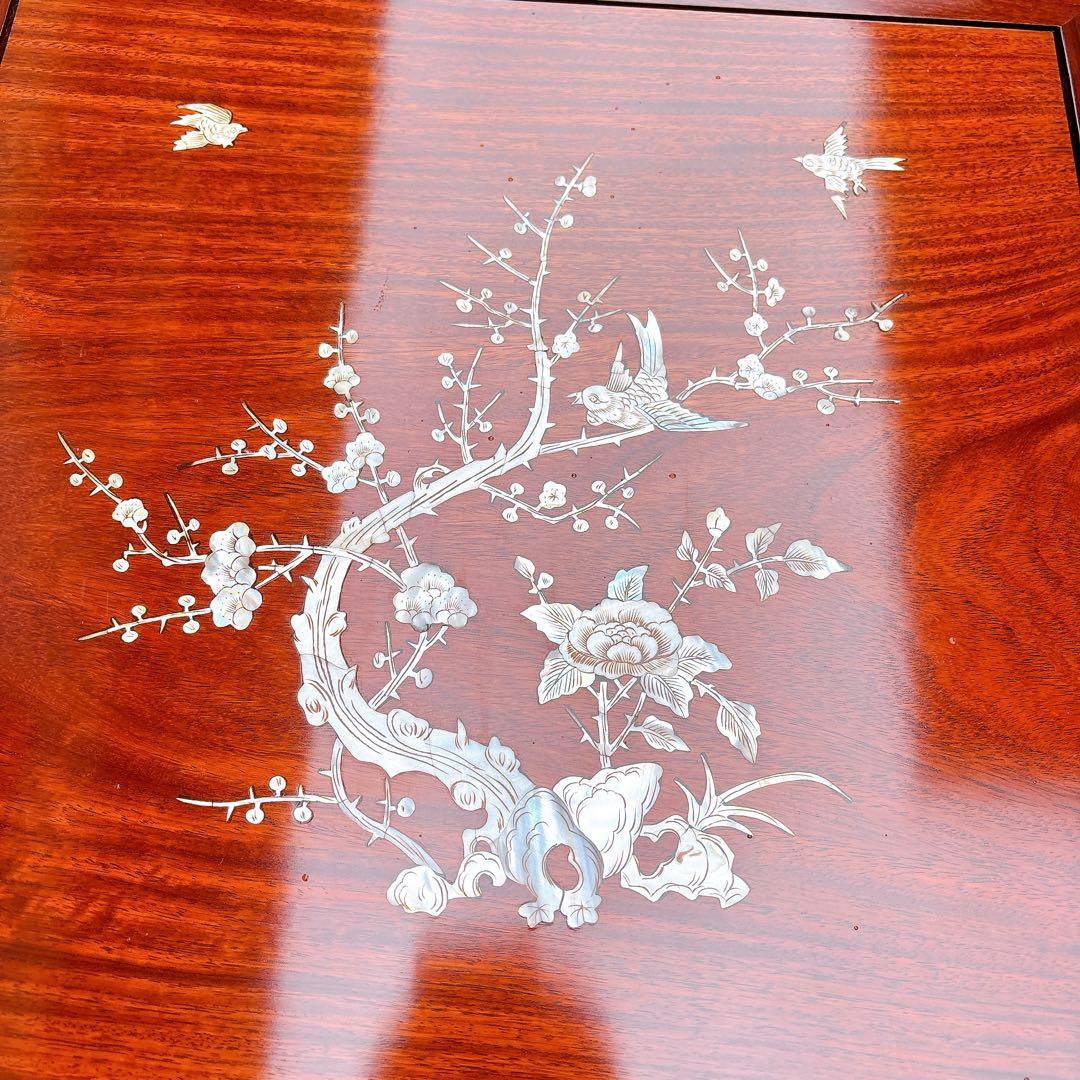 アンティーク 猫脚 螺鈿細工 木製 サイドテーブル 花鳥図 引き出し付き