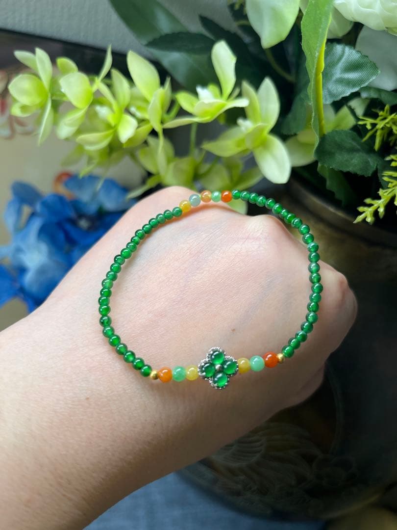 新入荷❣️貴重‼️18kビーズ入り、ロウカン質氷種満陽緑ビーズ&【幸運】四葉草ブレス