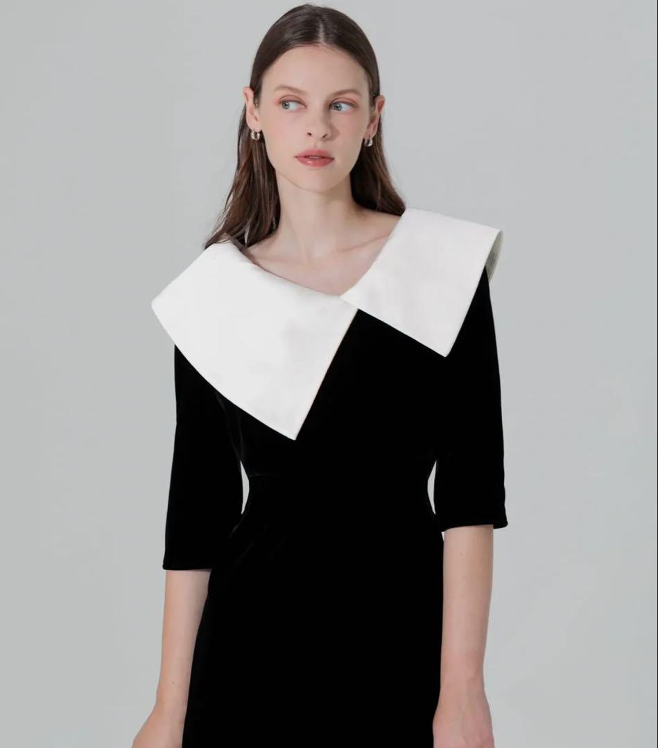 Leja Mサイズ アシンメトリービッグカラーベロアマーメイドワンピースドレス