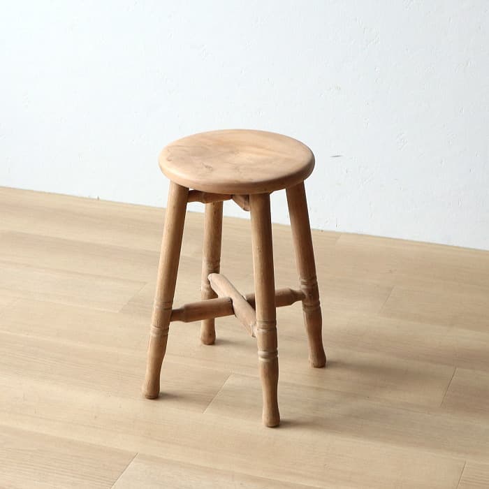 Aアンティーク 木製 無塗装 無垢材 丸スツール 古家具 カエデ ブナ