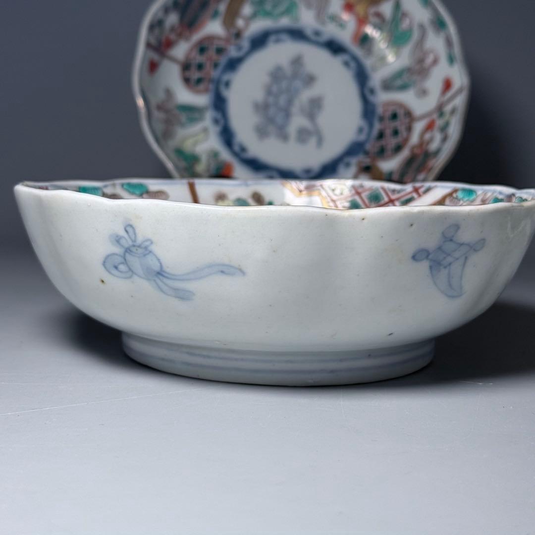 古伊万里　色絵輪花形なます皿　5客　珍しい絵付け　蛇目高台