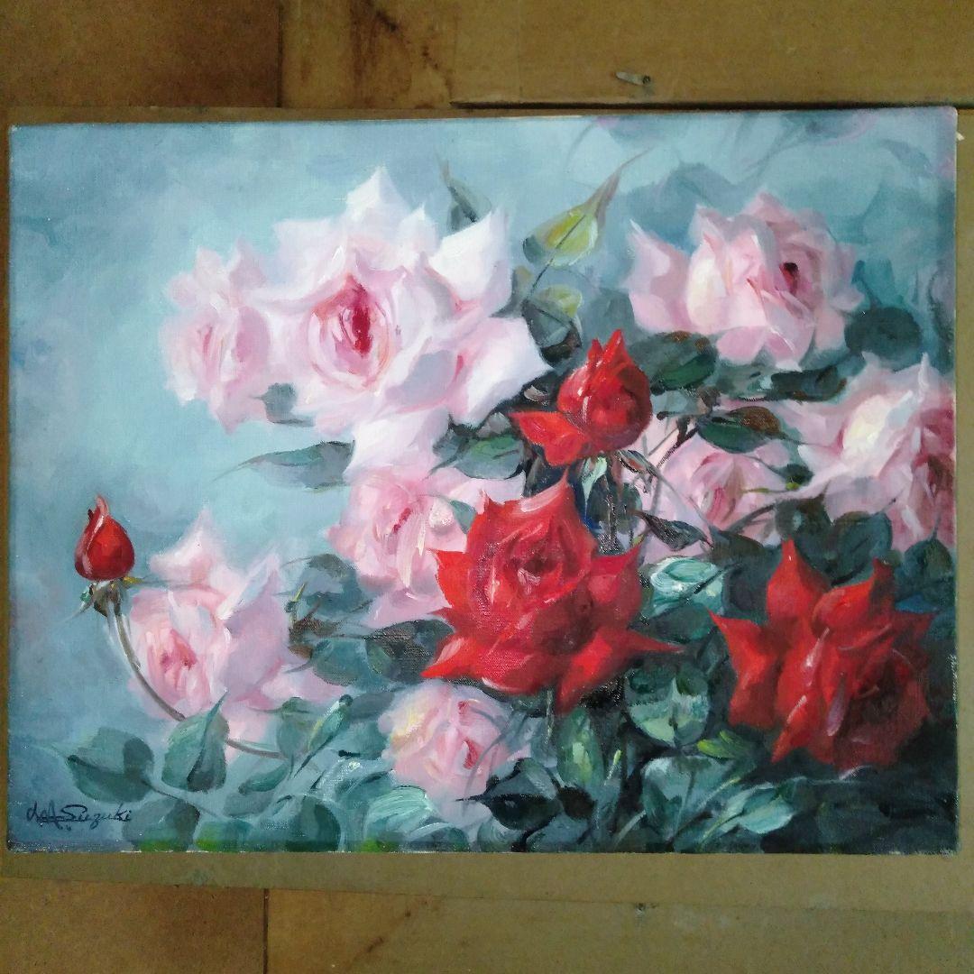 鈴木政輝 ばら 美術年鑑画家 油彩画 金色額縁付き F6号 箱付き 松本