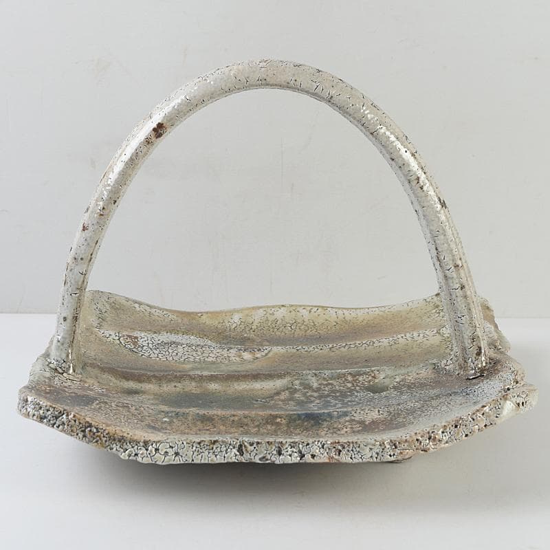 益子焼　高内秀剛作　塩釉　手付四方皿　共箱　V　R9086B