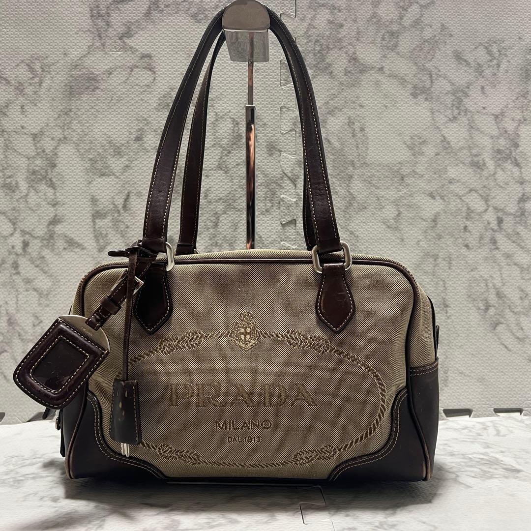 プラダ ロゴジャガード ミニボストン ハンドバッグ キャンバス レザー ベージュ