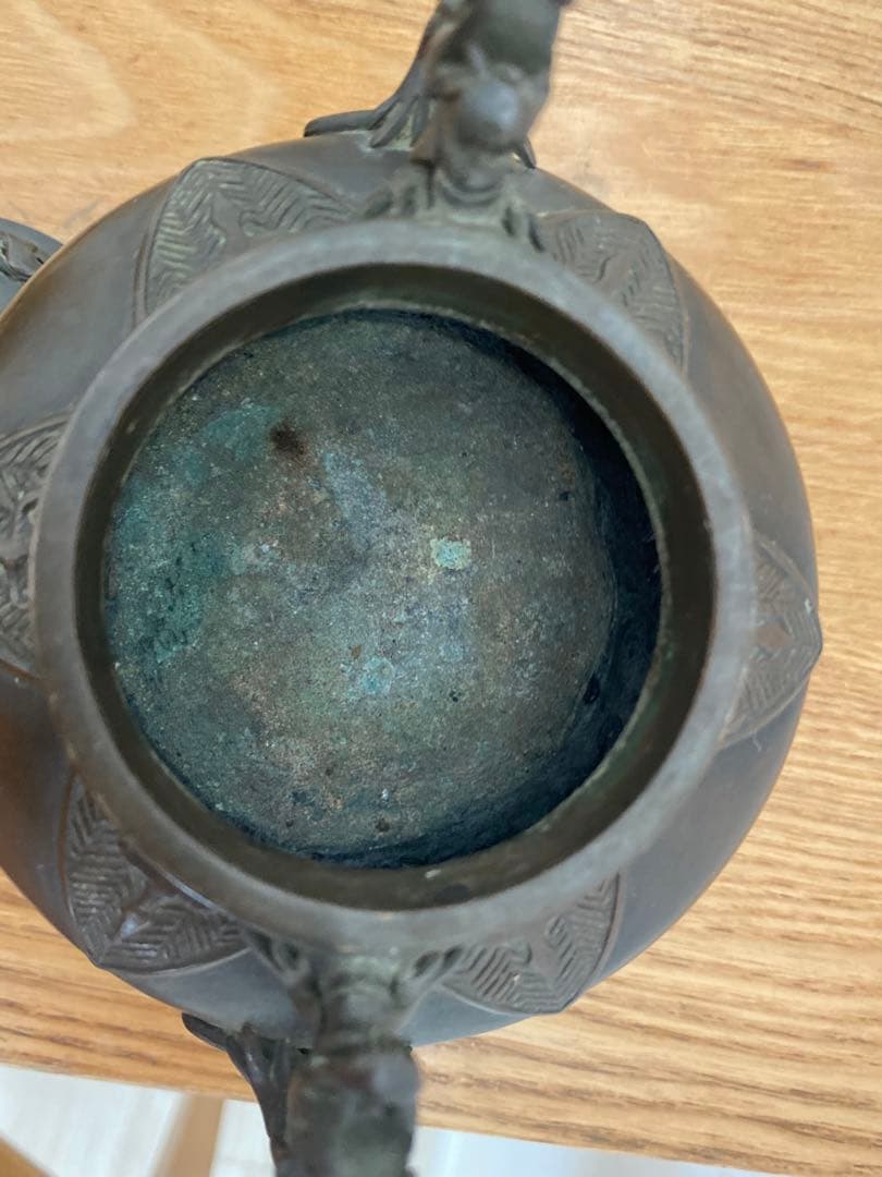 古玩 獅子蓋龍耳香炉 三脚香炉 銅器彫刻 香櫨 三つ足香炉 中国美術