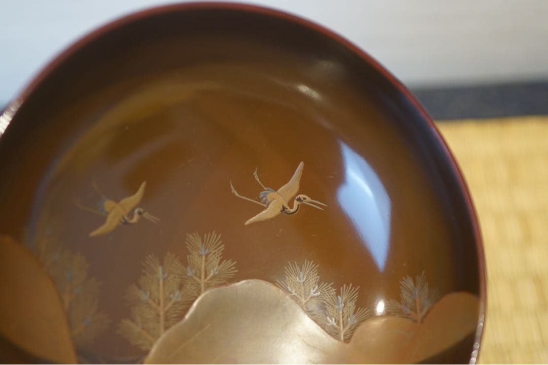 松に鶴・山水図蒔絵 溜塗 吸物椀 2客/ 高級 木製漆器 祝儀 茶懐石
