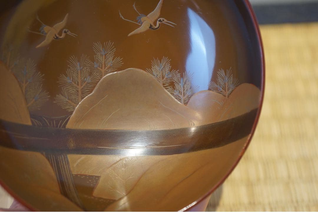 松に鶴・山水図蒔絵 溜塗 吸物椀 2客/ 高級 木製漆器 祝儀 茶
