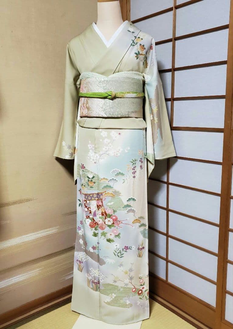 逸品SALE☆【着物帯セット＊】鶸色の古典柄訪問着 トールサイズ 裄