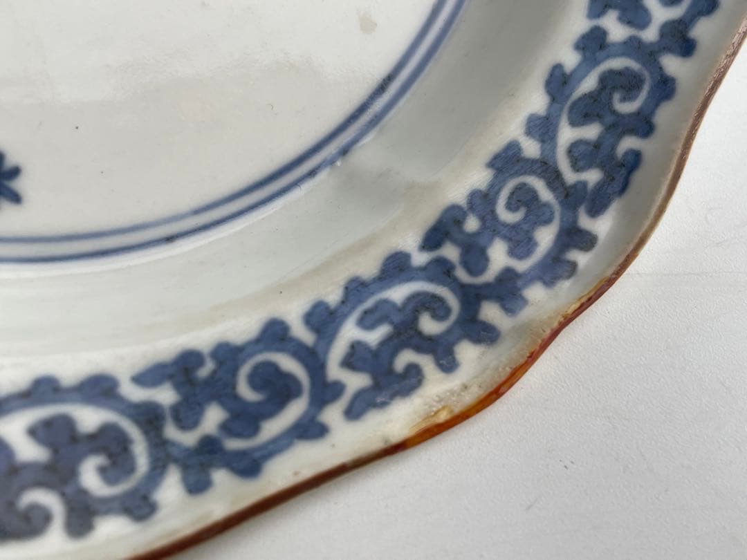 骨董アンティーク藍柿右衛門梅図蛸唐草文輪花縁膾皿向付縁錆