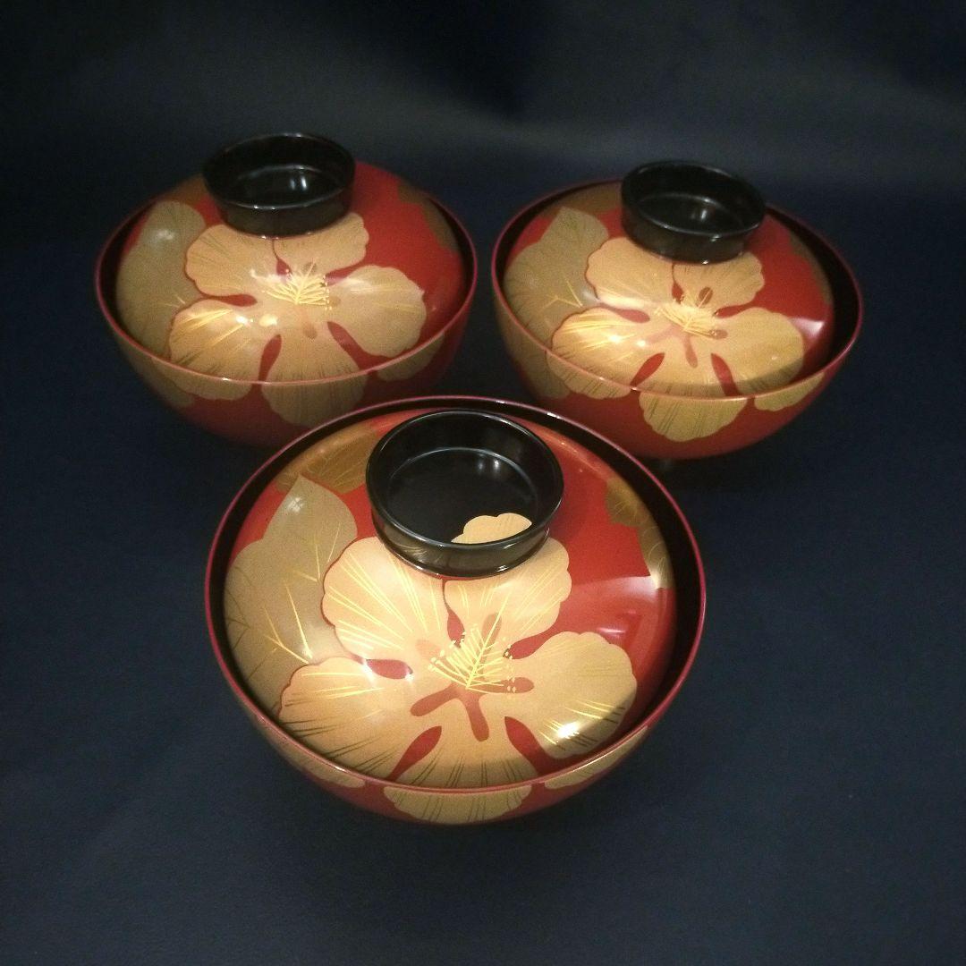 能登輪島塗 朱漆内黒 芙蓉花蒔絵のお椀 5客