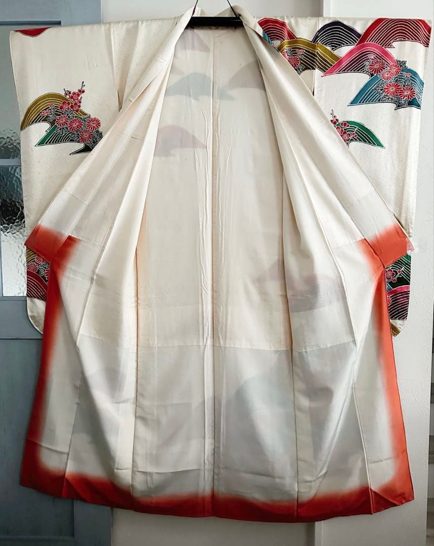 未使用級】鹿の子地紋 振袖 扇面吉祥花文様 暈し八掛 成人式