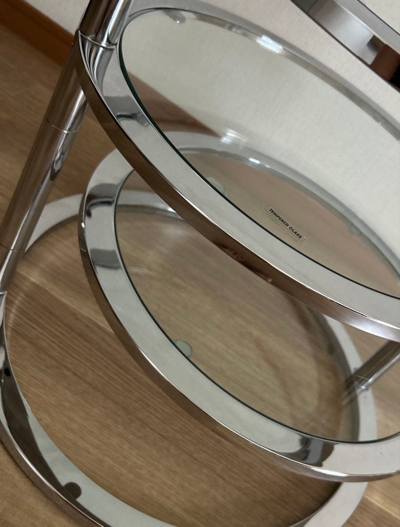 ミッドセンチュリー北欧ラウンドテーブル3段ガラススライドテーブル