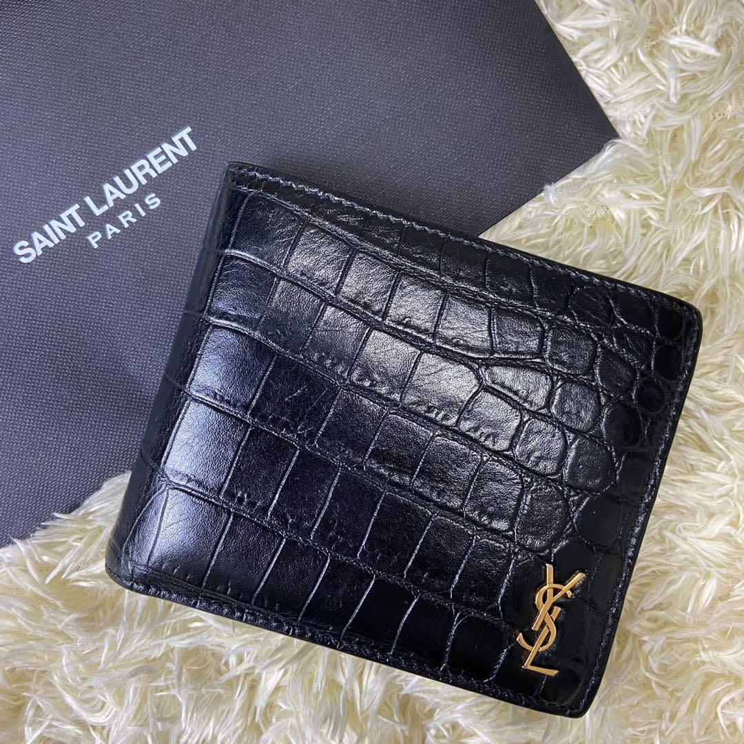 希少】サンローランパリ 折り財布 クロコ型押し カサンドラ YSL レザー