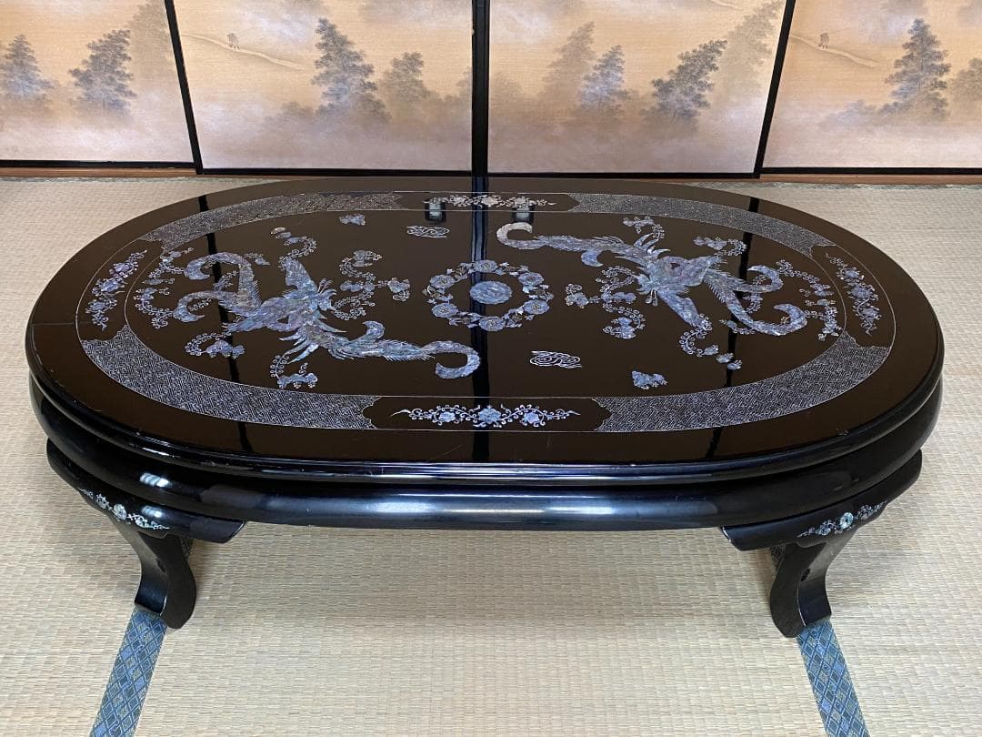螺鈿細工の座卓 螺鈿細工 鳳凰 黒い座卓 ローテーブル - 家具