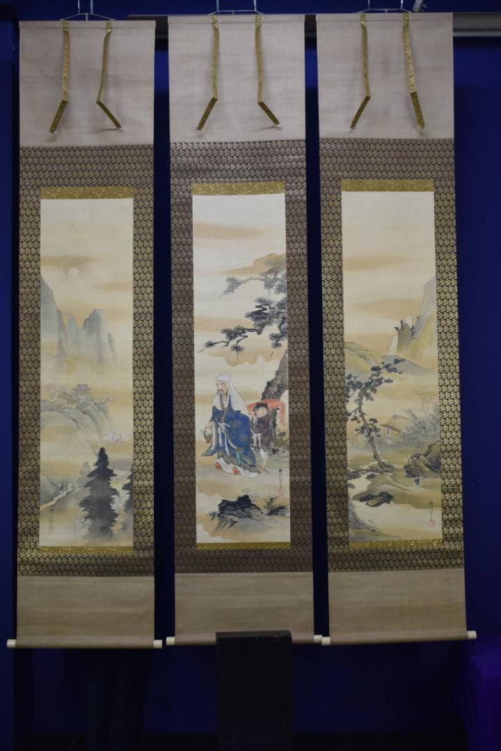 真作/狩野伊川院/人物山水図/三幅/金襴表装/布袋屋掛軸HG-