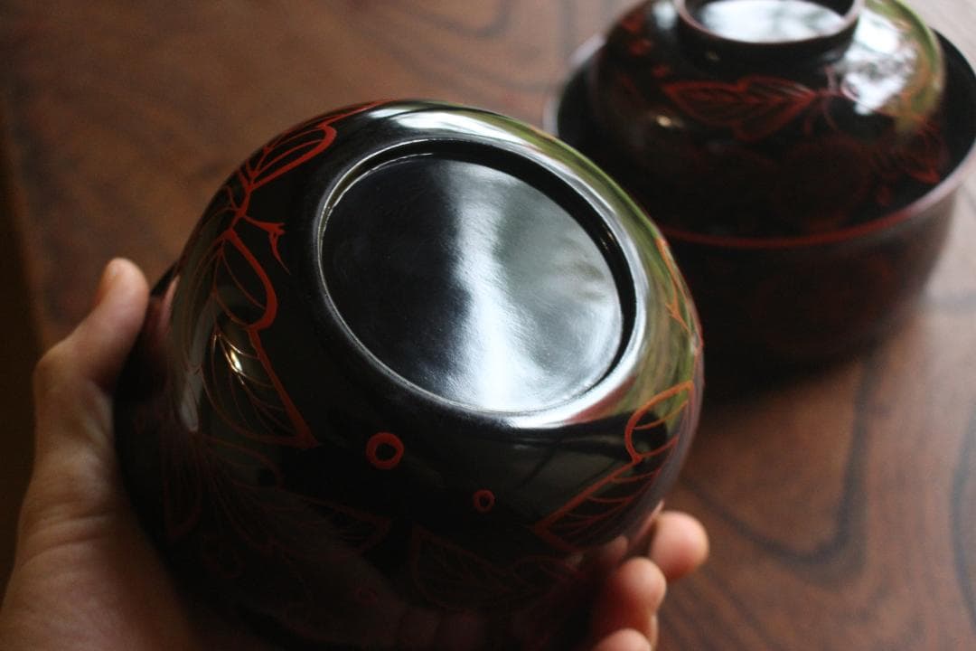 時代逸品！端正な爪朱黒漆に風情ある木芙蓉文の美しい吉野塗の四つ椀（検懐石道具京塗