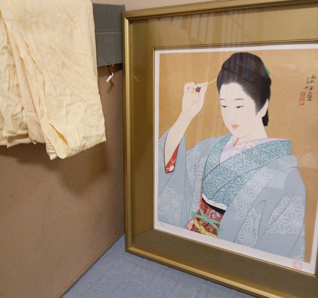 伊東深水リトグラフ（石版画)作品名夜會巻、1996頃出版額入り（アクリル)