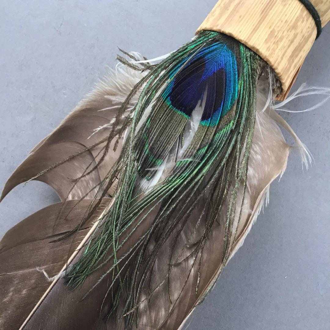 茶道具 羽箒(孔雀羽入り) 紙箱(修復歴あり、紙箱劣化有) S21HB