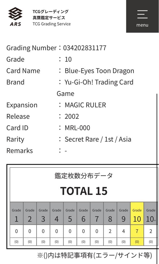 【ARS鑑定10】ブルーアイズ トゥーンドラゴン　旧アジア　シークレットレア