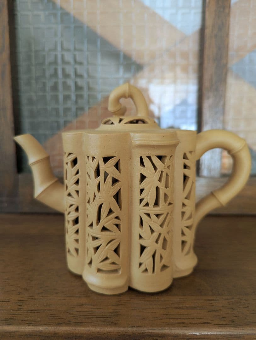 茶道具 昭和レトロ 中国『竹彫鏤空』 朱泥急須 透かし彫り 紫砂壺 骨董 竹