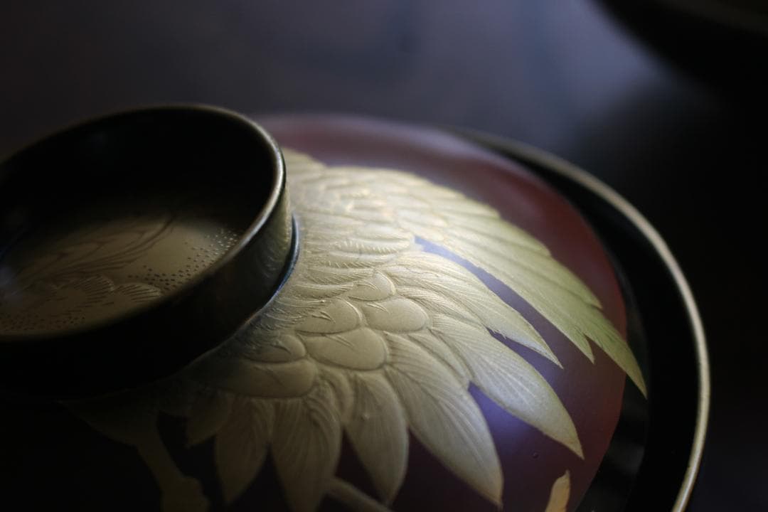 時代逸品！時代金縁黒漆に極上日の出鶴蒔絵の映えるお椀2点（検輪島塗蒔絵椀雑煮椀