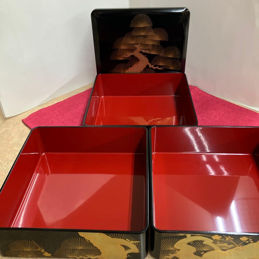 会津塗黒金老松松竹梅3段重箱