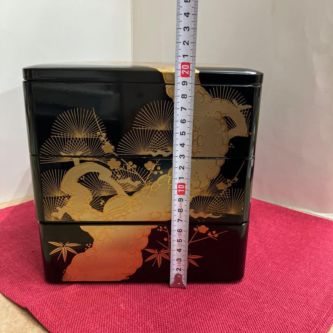 会津塗黒金老松松竹梅3段重箱