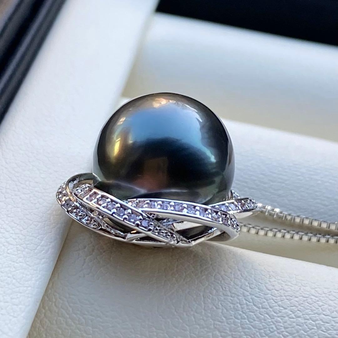 本真珠 南洋黒蝶真珠ネックレストップ 13mmダークグリーンPT884