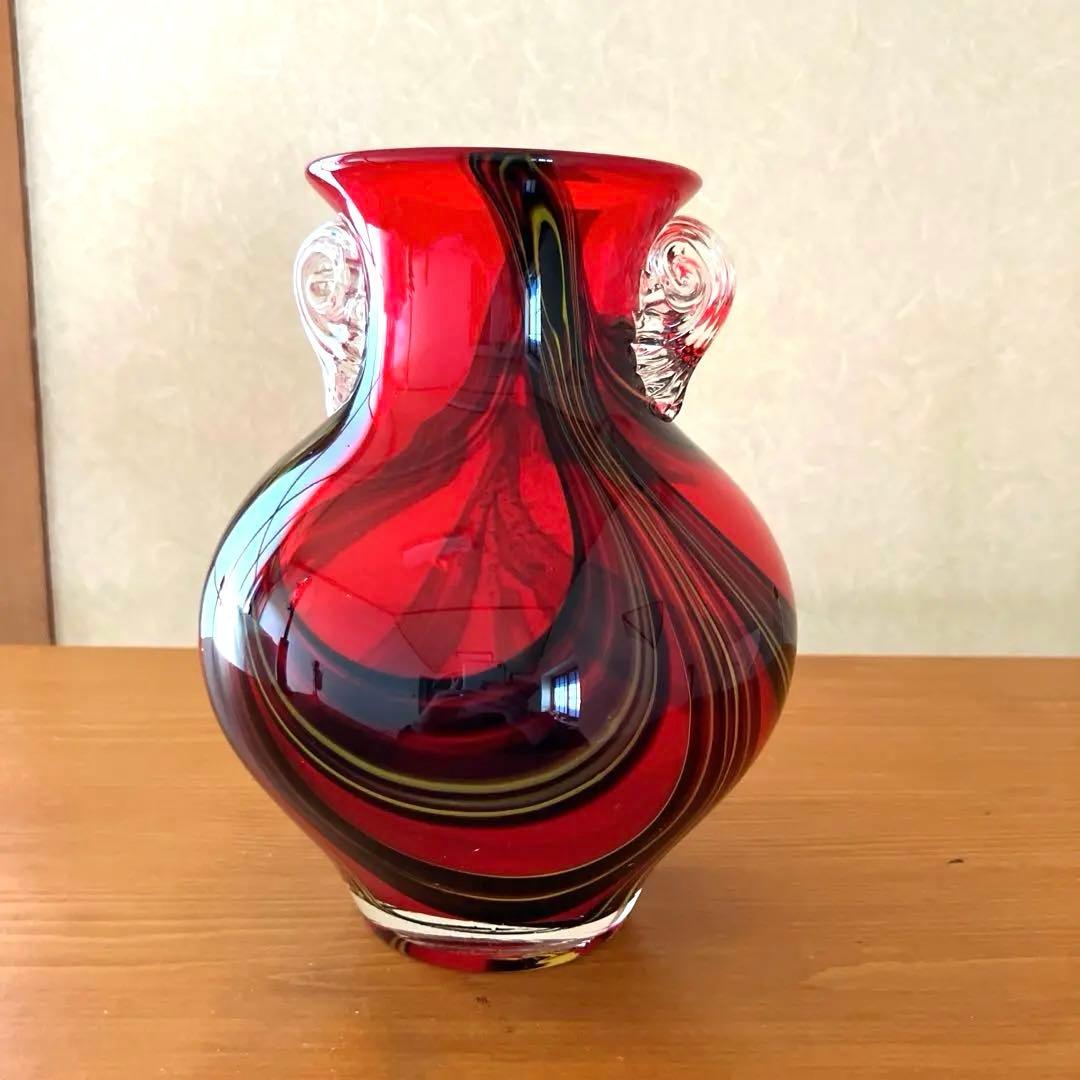 昭和レトロ カメイガラス KAMEIガラス 花瓶 フラワーベース 耳付き金赤