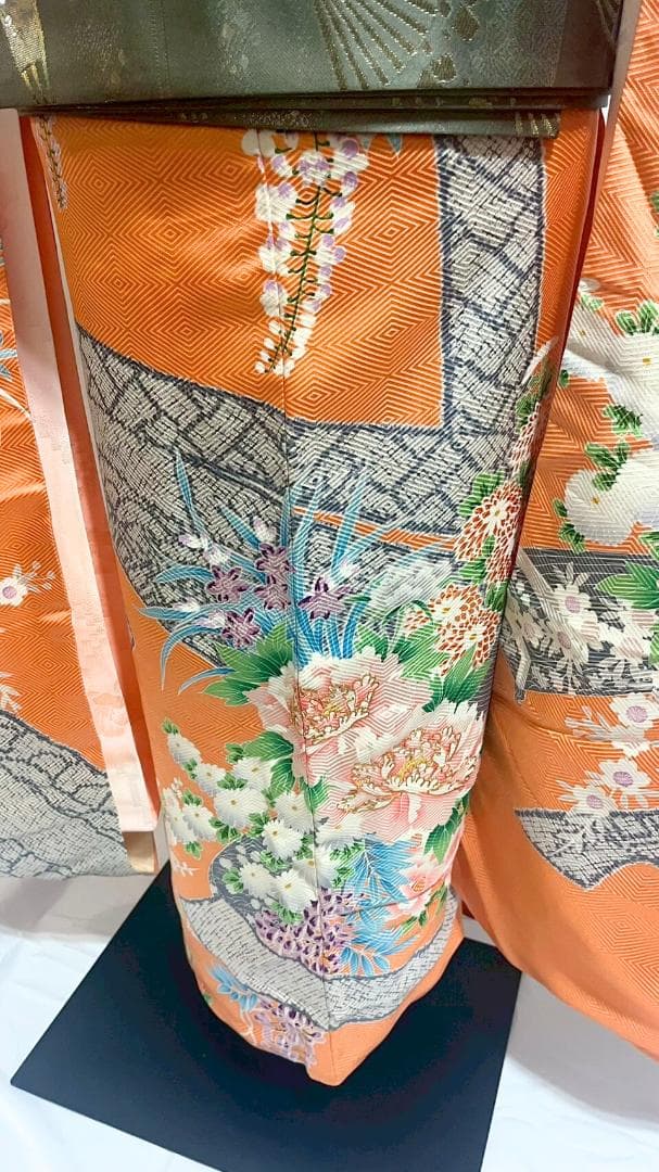 美品】振袖フルセット成人式6点セット オレンジ/緑/黒/ピンク/花柄/